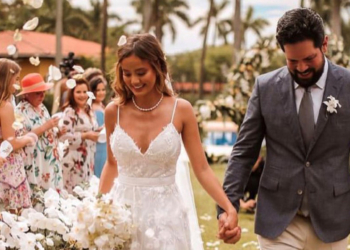 Miss Distrito Federal 2018, Biah Rodrigues, se casa com cantor Sorocaba usando vestido assinado por Kadu Fonseca Ateliê