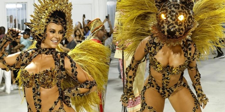 Paolla Oliveira encarna enredo e “vira onça” em desfile da Grande Rio