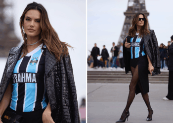 Brahma veste Alessandra Ambrósio com camisa de time na Paris Fashion Week