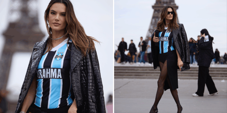 Brahma veste Alessandra Ambrósio com camisa de time na Paris Fashion Week